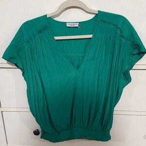 Ramy Brook Teal V-Neck Pleated Puff Sleeve Blouson Top